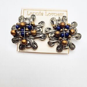 Lonnie Lovness Artisan Blue Gold Silver Tone Beaded Cross Clip On Earrings NOS